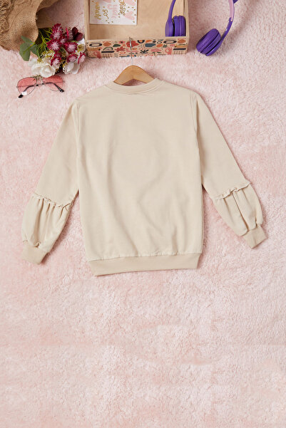Cansın Mini Krem Renkli Kalp Desenli Payetli Kız Çocuk Sweatshirt 16697