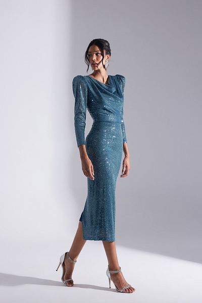 BETTY & SAM Μολύβι φούστα με λαιμόκοψη λαδιού ΜΠΛΕ Glitter Sequin Φόρεμα αρραβώνων