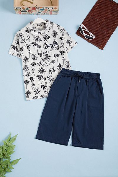 Cansın Mini White Palm Tree Print Shirt and Shorts Men's Suit 15644