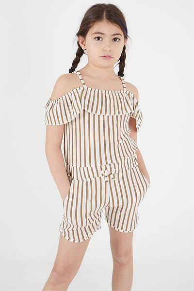 Cansın Mini Brown Stripe Patterned Girl's Jumpsuit with Strappy Shorts 15107