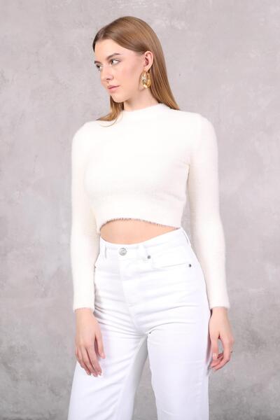 YOUR NAME Pulover de damă ecru cu guler rotund de pluș