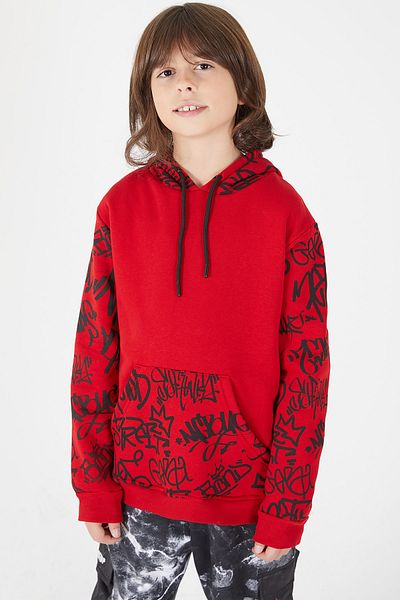 Cansın Mini Boy's Fleece Hooded Sweatshirt with Written Sleeves 14617