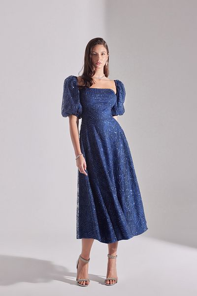 BETTY & SAM Sarah Glitter Balloon Sleeve Flounced Midi Engagement Dress