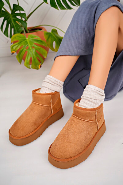 Freemax Γυναικείες μίνι μπότες Tan Color - Εγγυημένες, με γούνα στο εσωτερικό και ελαφριά σόλα