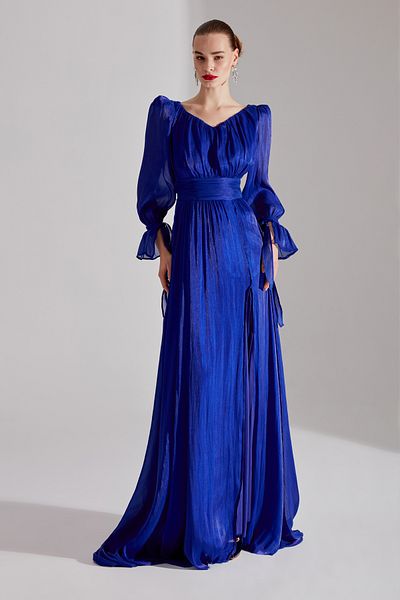 BETTY & SAM ANIKA - Saks V-Neck Slit Evening Dress