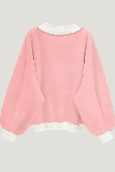 Know Női 3 szálú púderrózsaszín Comfort In Paris nyomtatott V-nyakú oversize pulóver