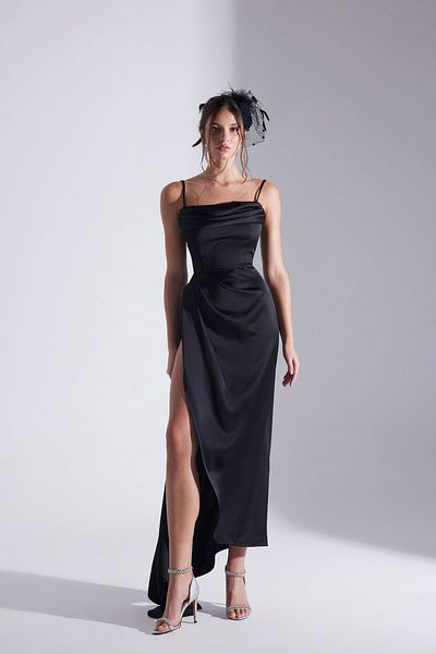 BETTY & SAM Satin Draped Black Strap Dress - Violet