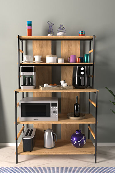VİLİNZE Rafito Metal & Ahşap Bohem 5 Raflı Mdf Çok Amaçlı Kahve Köşesi Mutfak Rafı (SİYAH/NATUREL)