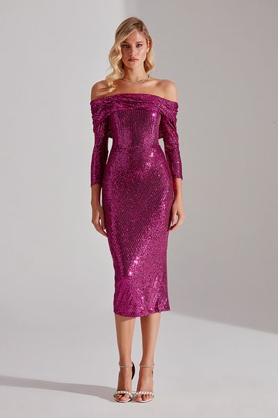 BETTY & SAM NATALIA Sequined Fuchsia Off Shoulder Pencil Skirt Evening Gown