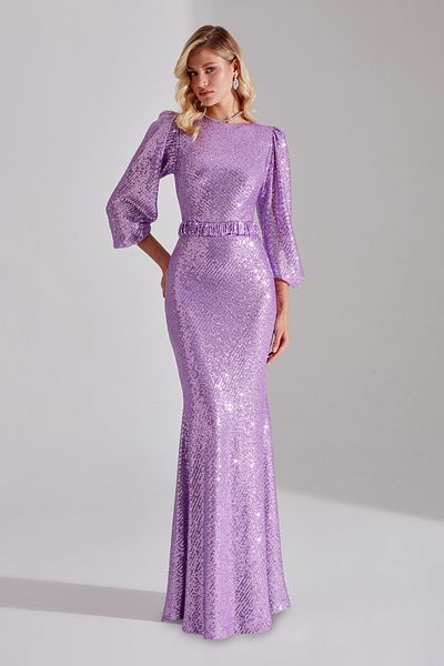 BETTY & SAM GRACE Luminous Sequined LIGHT LILA Balloon Sleeve Maxi Boy Evening Dress