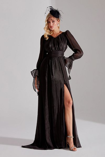 BETTY & SAM ANIKA - Black V-Neck Slit Evening Dress