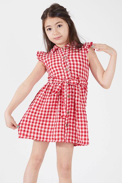 Cansın Mini Rochie pentru fetiță cu guler cu model pătrat roșu 15070