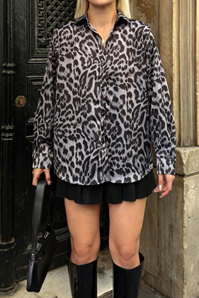 Swist Gray Fea Leopard Pattern Women's Satin Shirt