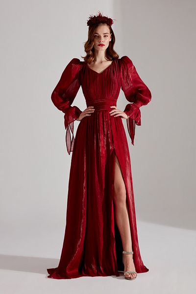 BETTY & SAM ANIKA - Dark Red V-Neck Slit Evening Dress