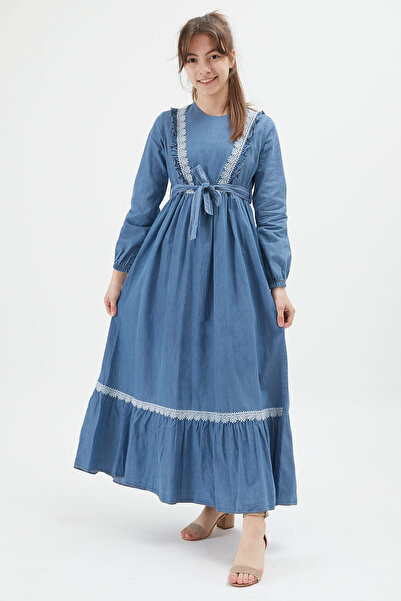 Cansın Mini Дівчача джинсова сукня з відкритим синім мереживом і поясом 15215