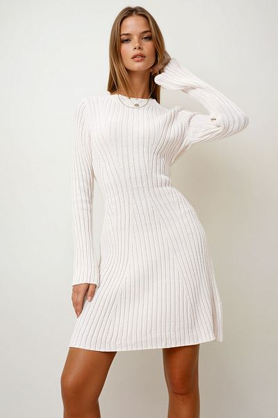 VAGGON Γυναικείο Πλεκτό Φόρεμα Cream Crew Neck Prm1146