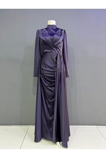 miss Elegans Saten Taşlı Lavanta Abiye