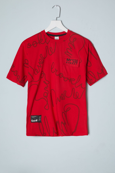 Cansın Mini Red Text Patterned Men's T-Shirt with Pockets 16080