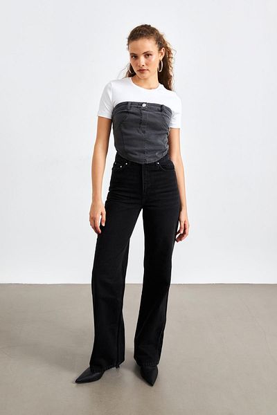 YOUR NAME Straight Collar Belted Anthracite Women's Denim Crop Top
