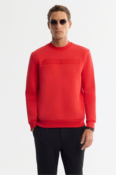 Avva Men's Red Crew Neck 3 Thread Raised Printed Sweatshirt A42Y1306
