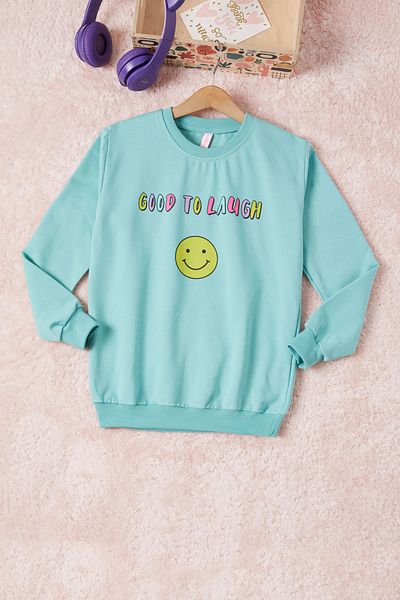 Cansın Mini Πράσινο Smiley Face Back Printed Girl's Sweatshirt 16707