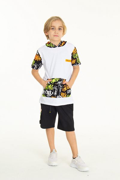 Cansın Mini Boy's Kangaroo Pocket Hooded Shorts Set 14003