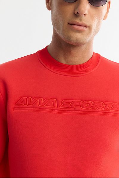 Avva Men's Red Crew Neck 3 Thread Raised Printed Sweatshirt A42Y1306