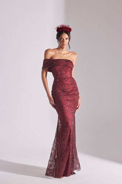 BETTY & SAM Aster Glittered Off Shoulder Fish Skirt Evening Dress