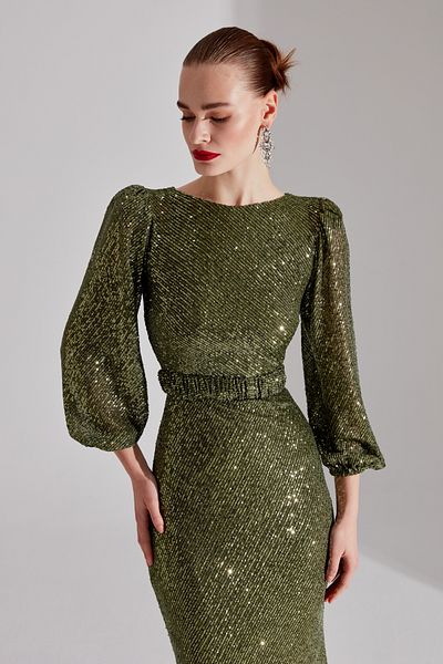 BETTY & SAM GRACE Sparkly Sequined KHAKI Balloon Sleeve Maxi Boy Evening Dress