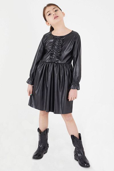Cansın Mini Rochie neagră din piele pentru fetiță, cu mânecă lungă, cu nasturi 15034