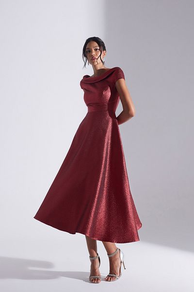 BETTY & SAM Rachel Red Jacquard Flared Engagement Dress