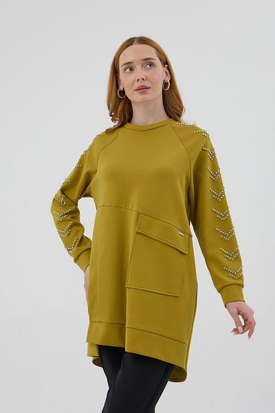 Moodbasic Hanorac Kolları Çakma Taşlı Önü Cepli - Yağ Yeşili
