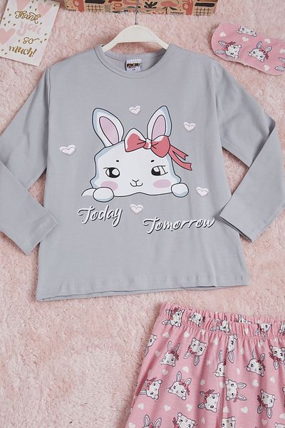 Cansın Mini Girl's Pajama Set with Gray Bow and Cat 16336
