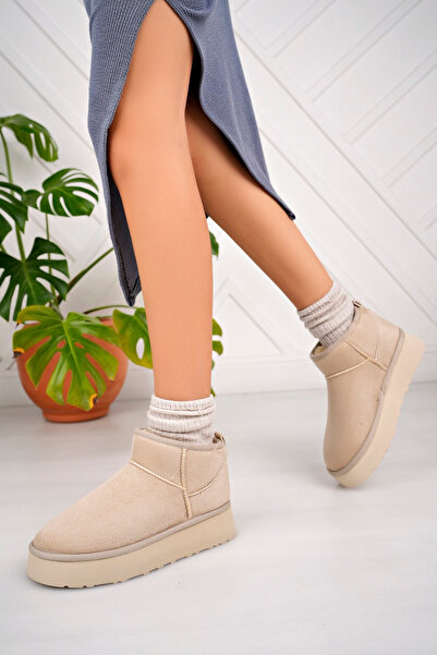 Freemax Beige Colored Women's Mini Boots - Guaranteed, Fur Inside, Light Sole