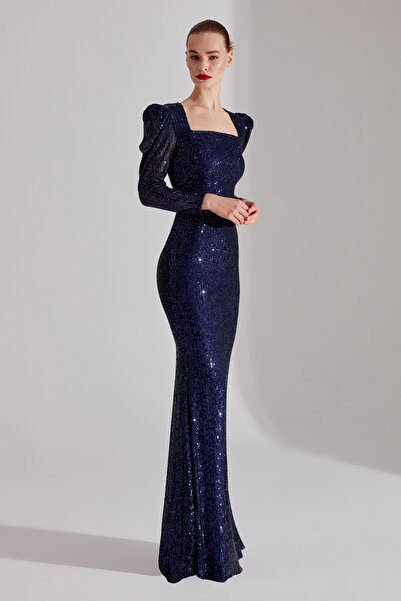 BETTY & SAM ANJAA Işıltılı KOYU MAVİ Kare Yaka Balık Gece Elbisesi