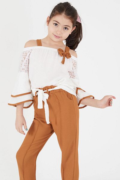 Cansın Mini Brown Bow Strap Flounced Sleeve Girl's Suit 15091