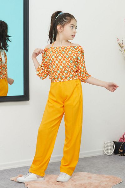 Cansın Mini Girl's Set with Orange Patterned Blouse and Trousers 15388