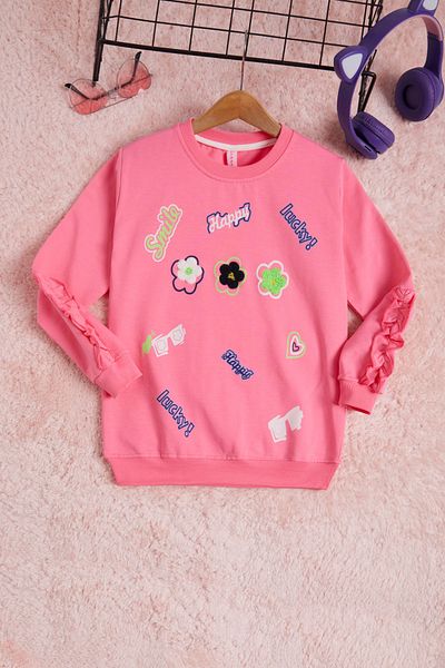 Cansın Mini Pink Flower Embroidered Long Sleeve Girl's Sweatshirt 16305