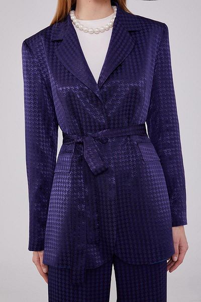 Levidor Navy Blue Houndstooth Patterned Jacket Set
