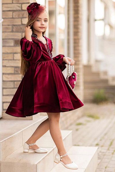 Riccotarz Girl's Burgundy Velvet Evening Dress with Collar and Pearl Embroidered Shoulders and Balloon Sleeves