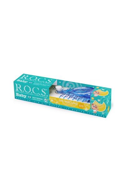 R.O.C.S. مجموعة فرشاة أسنان للأطفال من عمر 0 إلى 3 سنوات من روكس مع هريس الموز و45 جرام - أزرق
