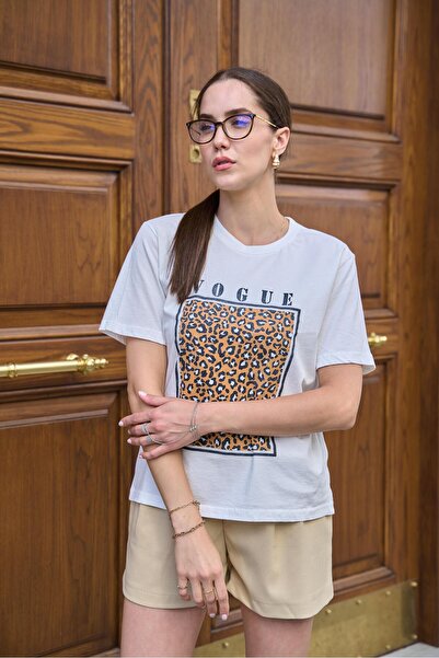 YOUR NAME Krem boje Sa leopard dezenom Oversize kroj Žene T-shirt - okrugla k...