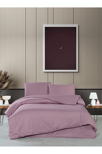 Firuze Satin Double Duvet Cover Set Solid Color Line Pattern High-End Soft and Bright
