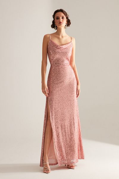 BETTY & SAM Strapless Lace Collar Slit Sequined Dusty Rose Evening Dress
