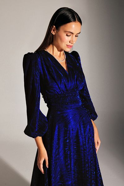 BETTY & SAM CAMELA SILVERY FLUFFY SAX BALLOON SLEEVE EVENING DRESS