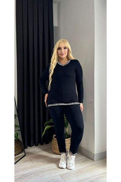 Butik Nilyam Анцуг с V-образно деколте и райета - Дамски размери, големи размери, черен 24631