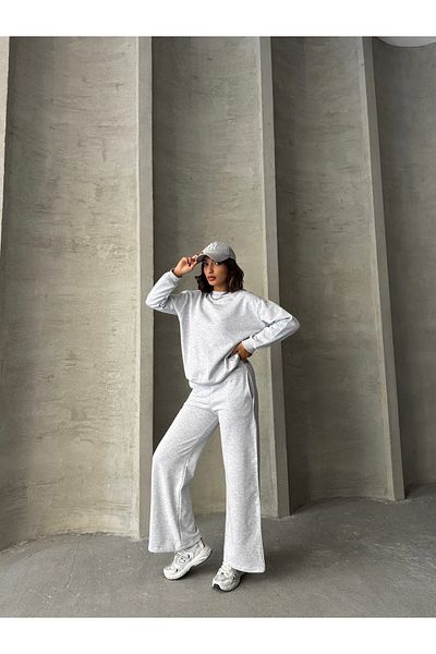 Cappmoda TKM-03636 Φούτερ Karmelange και αθλητική φόρμα Palazzo - Σετ με λεπτή λεπτομέρεια, χαλαρό, δύο κλωστές