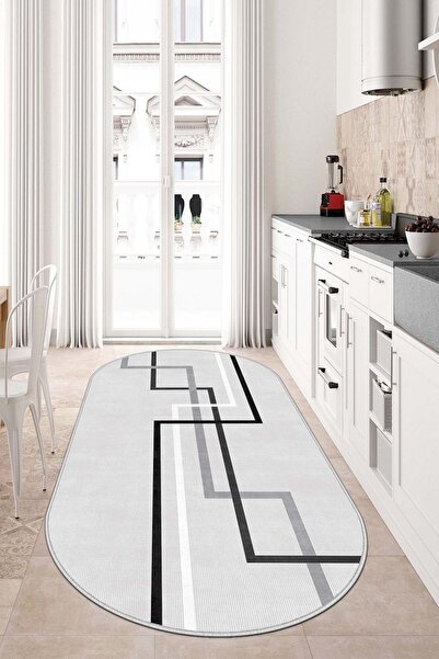 West Home Makinede yıkanabilir kaymaz taban leke tutmaz gri oval mutfak halıs...