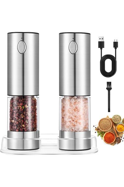 Choice 2pcs with stand Electric Salt and Pepper Grinder Set, USB Rechargeable, Adjustable Coarseness, Large