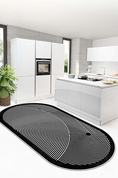 West Home Covor de bucătărie oval negru, lavabil la mașină, cu bază anti-alun...